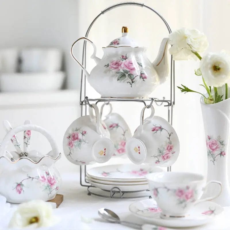 Angielski porcelanowy zestaw do herbaty z kwiatami kamelii – dzbanek 500 ml i 4 filiżanki