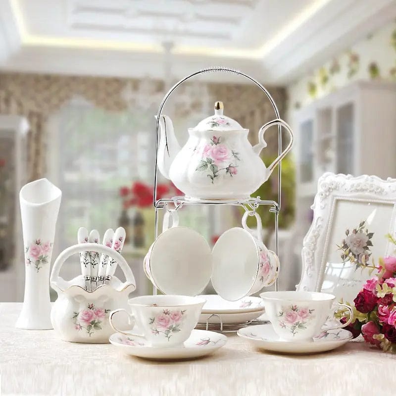 Angielski porcelanowy zestaw do herbaty z kwiatami kamelii – dzbanek 500 ml i 4 filiżanki
