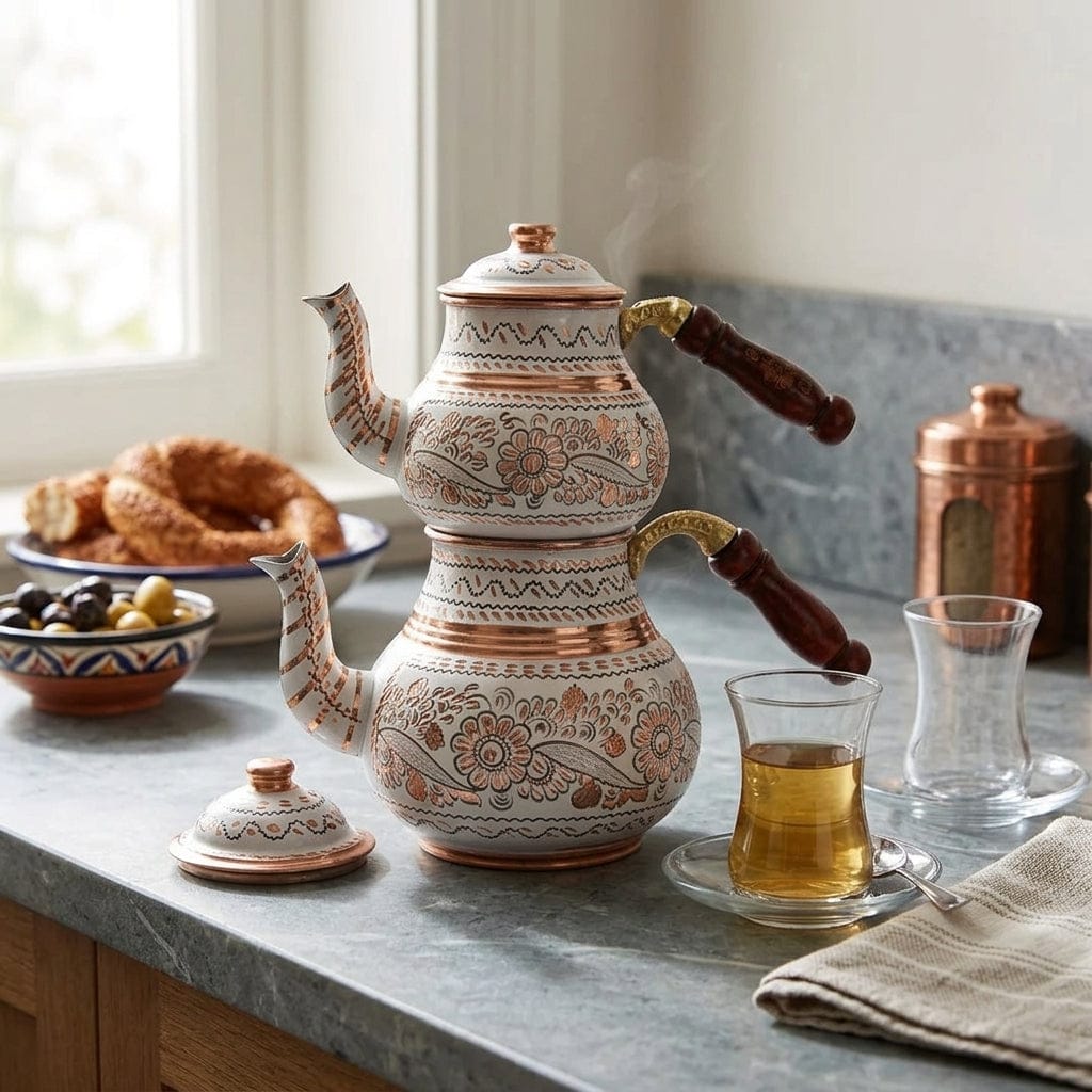 Biały turecki miedziany dzbanek do herbaty dwuwarstwowy 1,6L + 900 ml