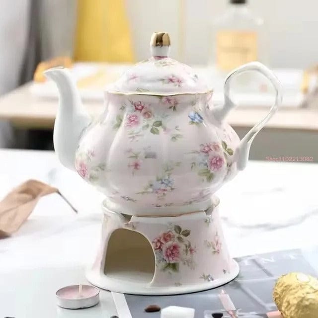 Ceramiczny dzbanek do herbaty z podgrzewaczem 400 ml i różowymi kwiatami – romantyczny zestaw do herbaty