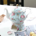 Ceramiczny dzbanek do herbaty z podgrzewaczem 400 ml z niebieskimi kwiatami – elegancki zestaw