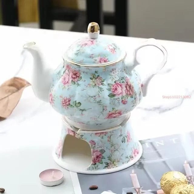 Ceramiczny dzbanek do herbaty z podgrzewaczem 400 ml z niebieskimi kwiatami – elegancki zestaw
