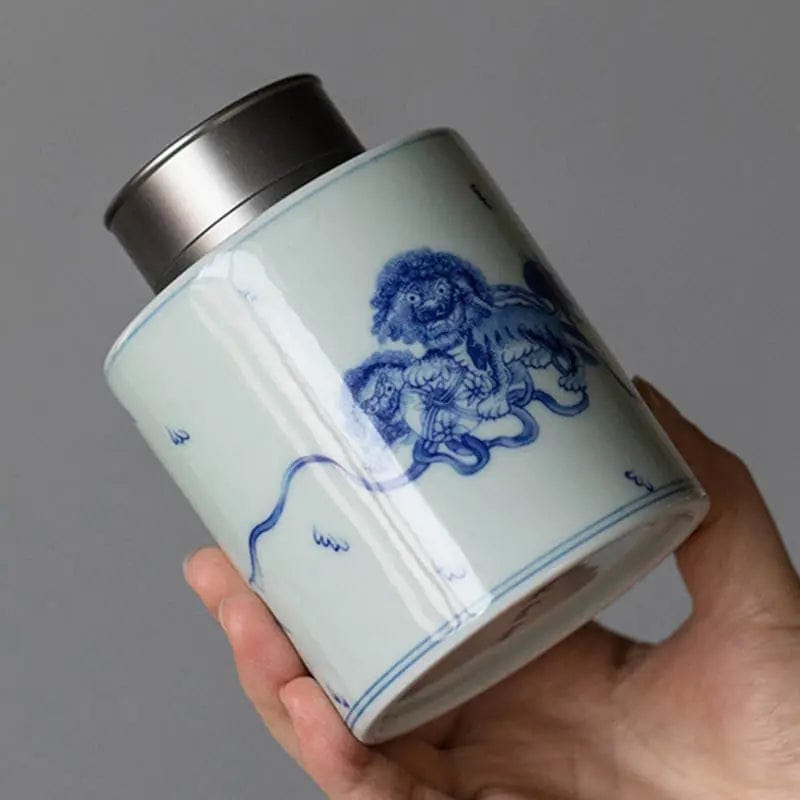Ceramiczny pojemnik na herbatę biało-niebieski
