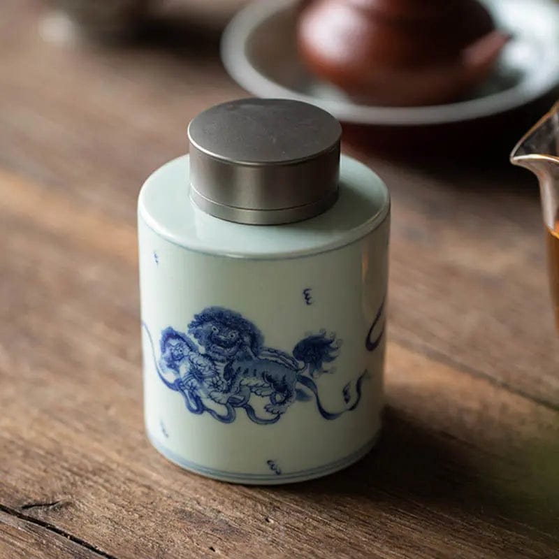 Ceramiczny pojemnik na herbatę biało-niebieski