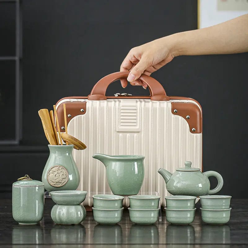 Chiński ceramiczny zestaw do herbaty z etui – zielony zestaw z 8 filiżankami
