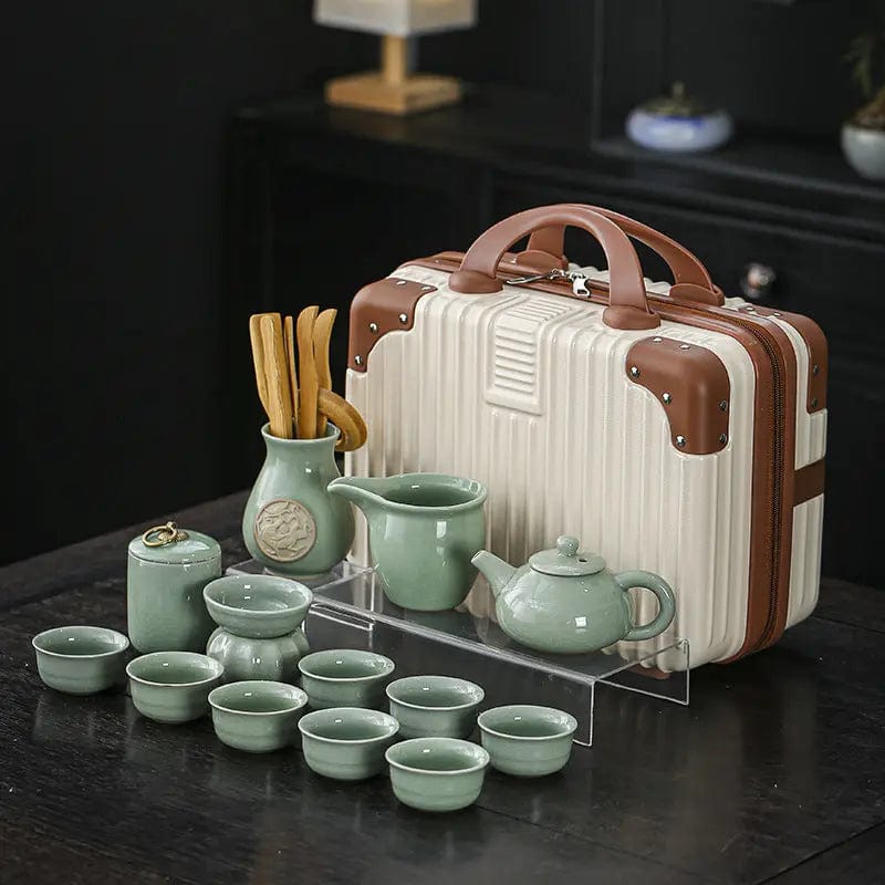 Chiński ceramiczny zestaw do herbaty z etui – zielony zestaw z 8 filiżankami