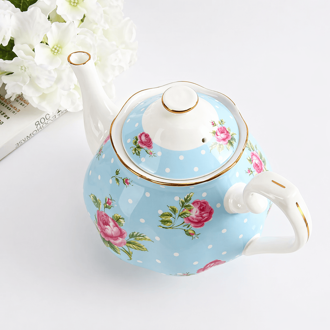 Porcelanowy dzbanek do herbaty 1L z niebieskimi kropkami i złotą obwódką
