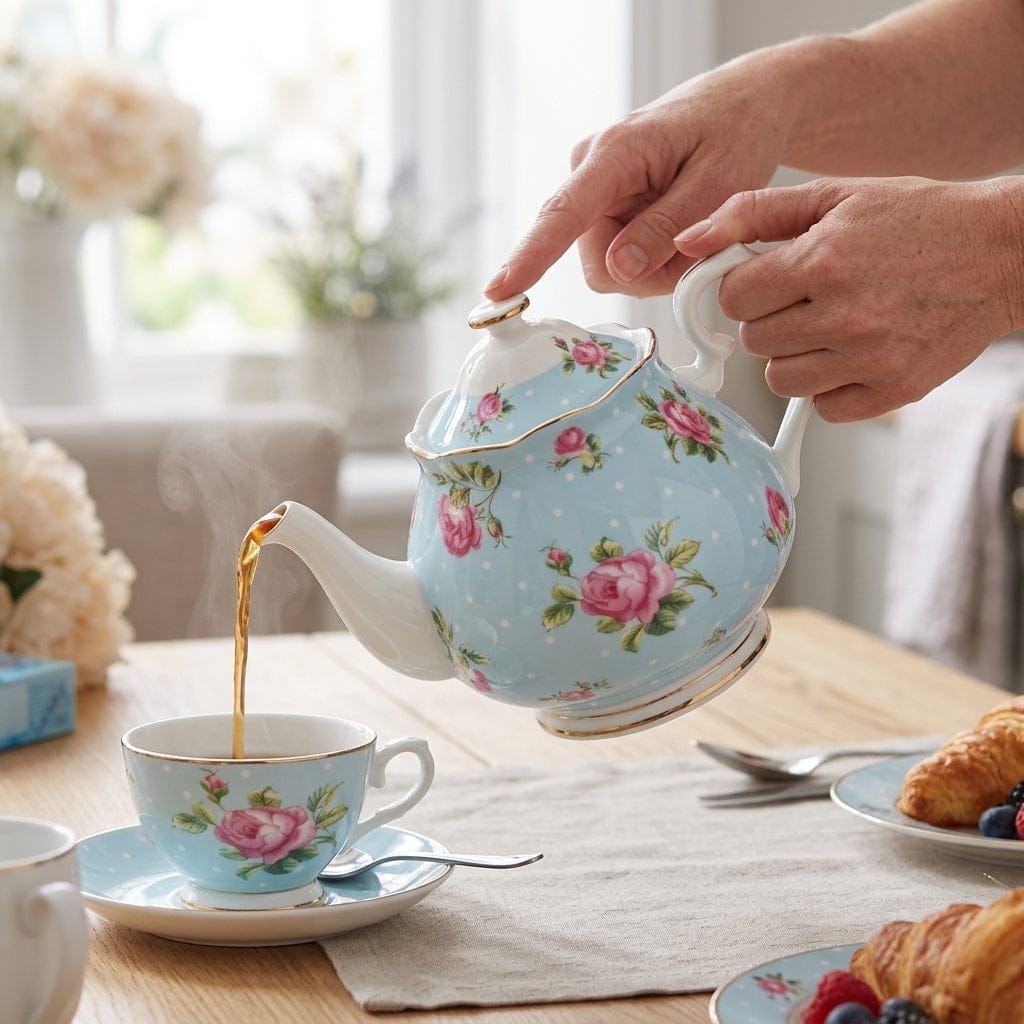 Porcelanowy dzbanek do herbaty 1L z niebieskimi kropkami i złotą obwódką