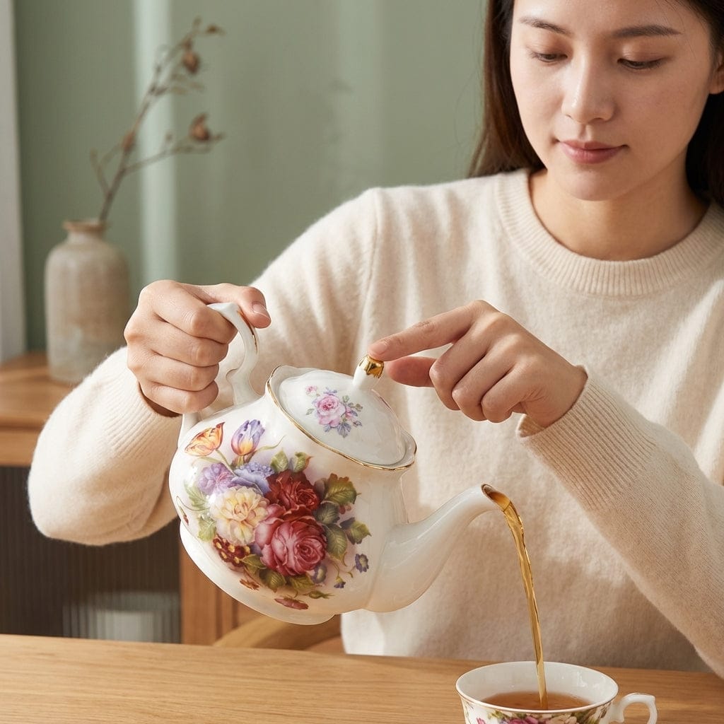 Porcelanowy dzbanek do herbaty 400 ml z kwiatowym wzorem