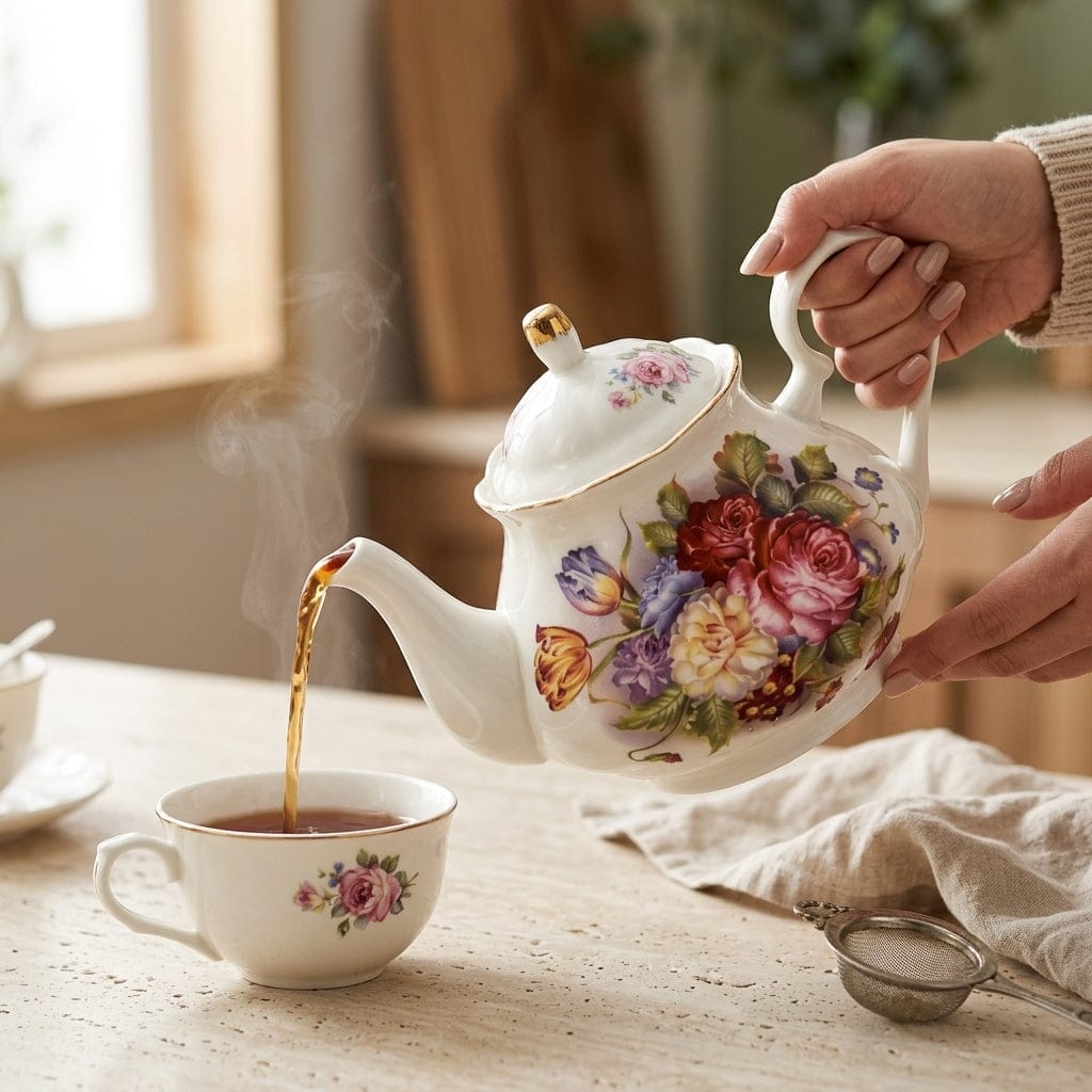 Porcelanowy dzbanek do herbaty 400 ml z kwiatowym wzorem