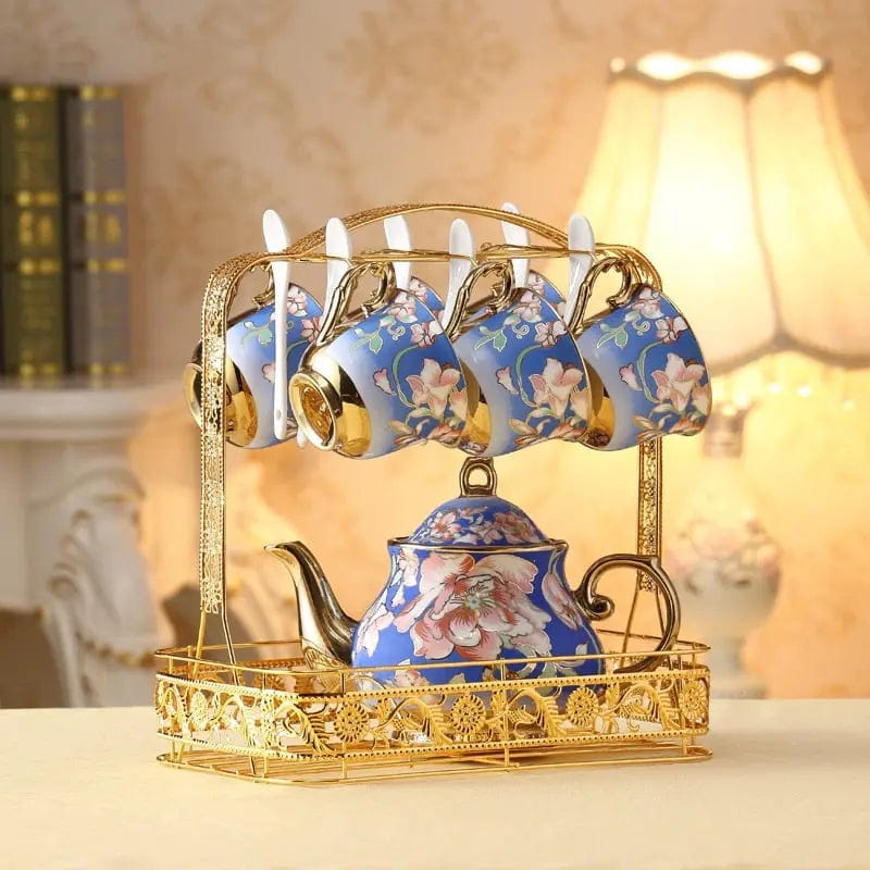 Porcelanowy zestaw do herbaty w kolorze niebiesko-złotym