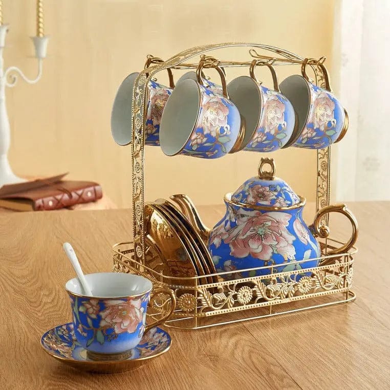 Porcelanowy zestaw do herbaty w kolorze niebiesko-złotym
