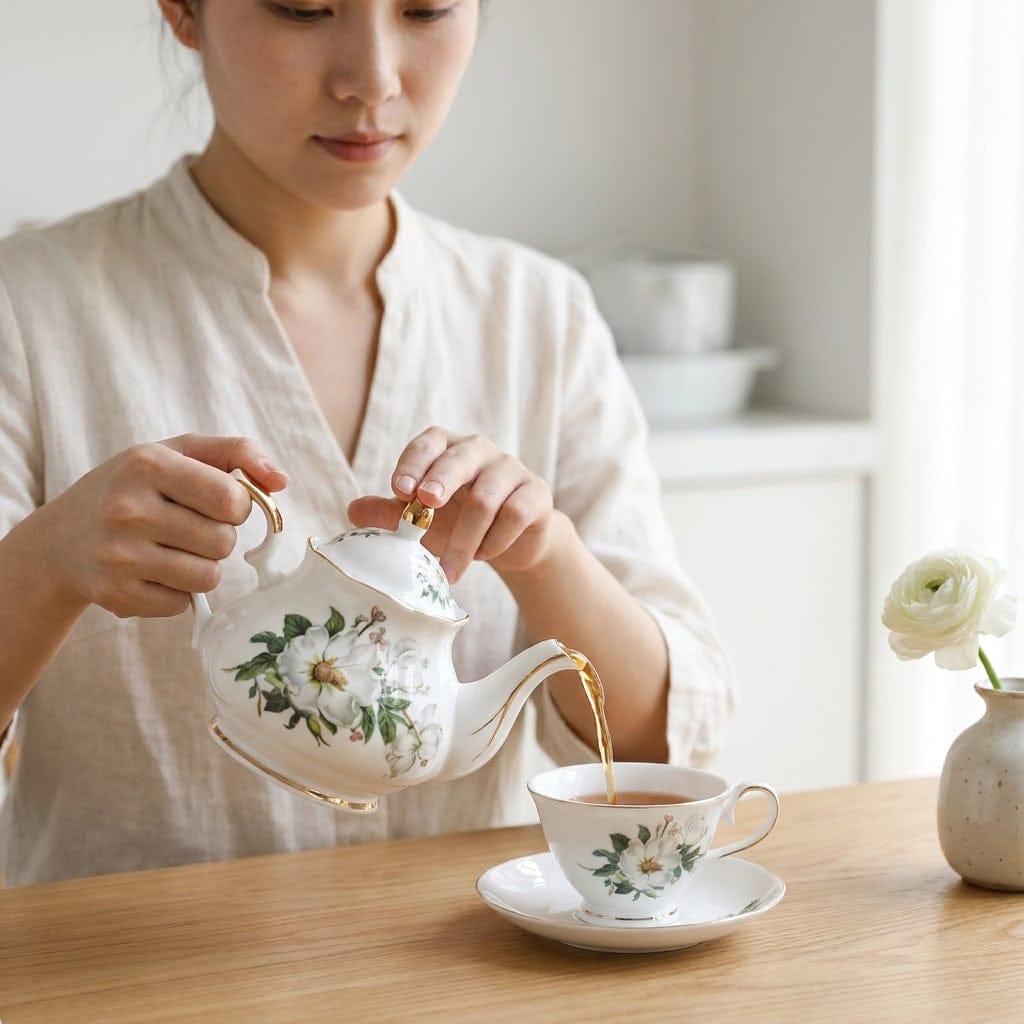 Porcelanowy zestaw do herbaty z białymi kwiatami – dzbanek do herbaty 500 ml i 4 filiżanki
