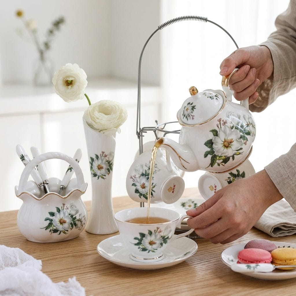 Porcelanowy zestaw do herbaty z białymi kwiatami – dzbanek do herbaty 500 ml i 4 filiżanki