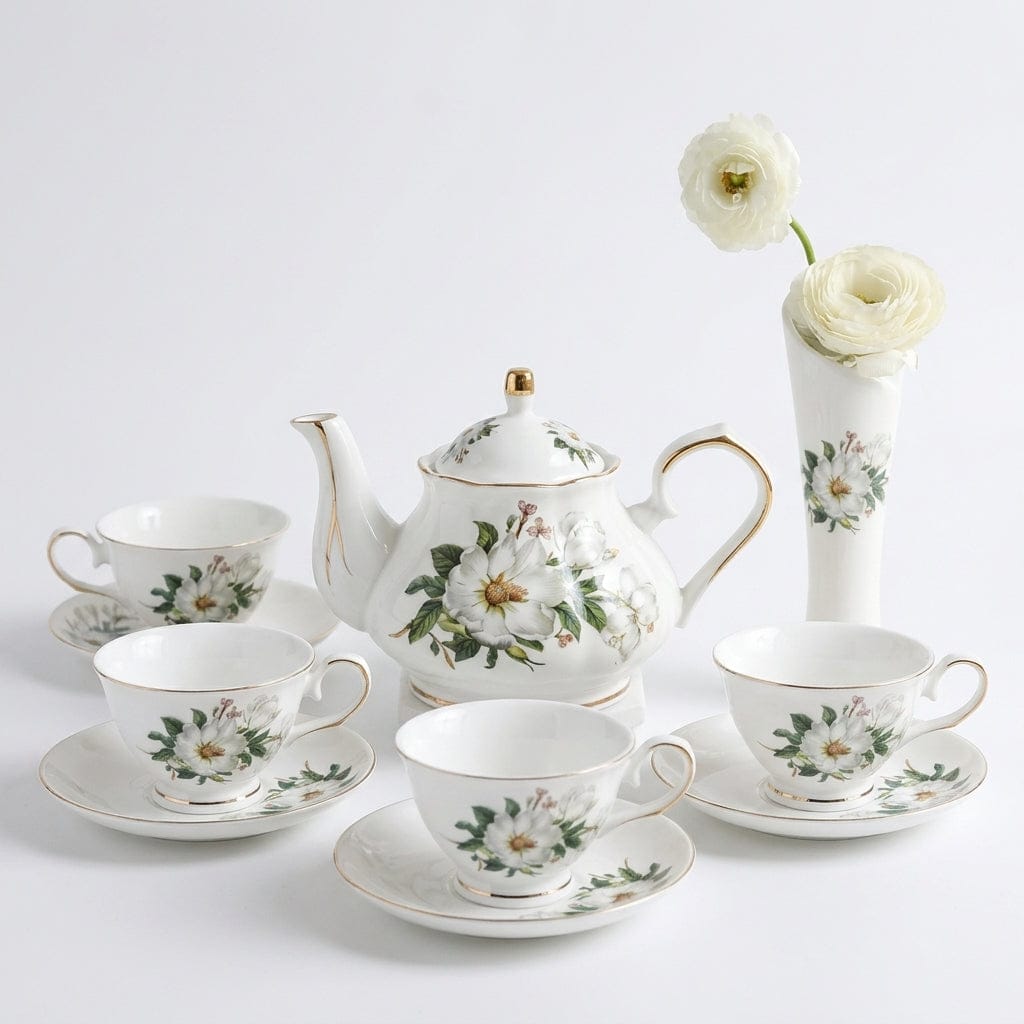 Porcelanowy zestaw do herbaty z białymi kwiatami – dzbanek do herbaty 500 ml i 4 filiżanki