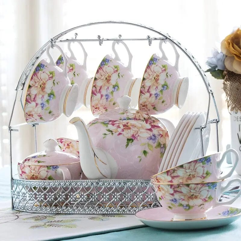Porcelanowy zestaw do herbaty z nosidełkiem – dzbanek 1,4 l i 6 filiżanek