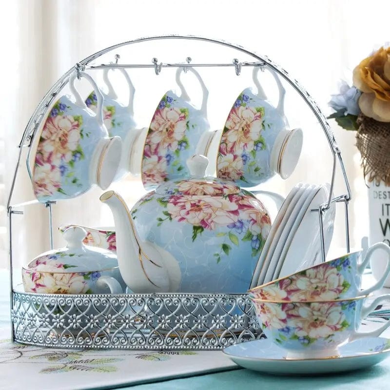 Porcelanowy zestaw do herbaty z nosidełkiem – dzbanek 1,4 l i 6 filiżanek