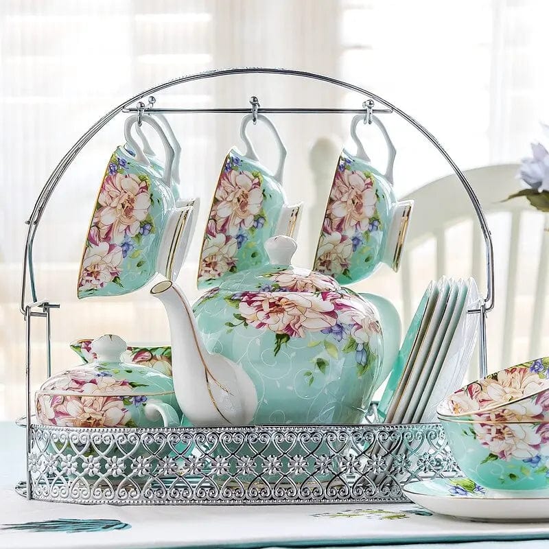 Porcelanowy zestaw do herbaty z nosidełkiem – dzbanek 1,4 l i 6 filiżanek