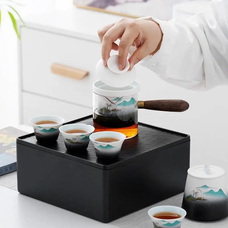 Przenośny japoński ceramiczny zestaw do herbaty z torbą – dzbanek 300 ml i 4 filiżanki
