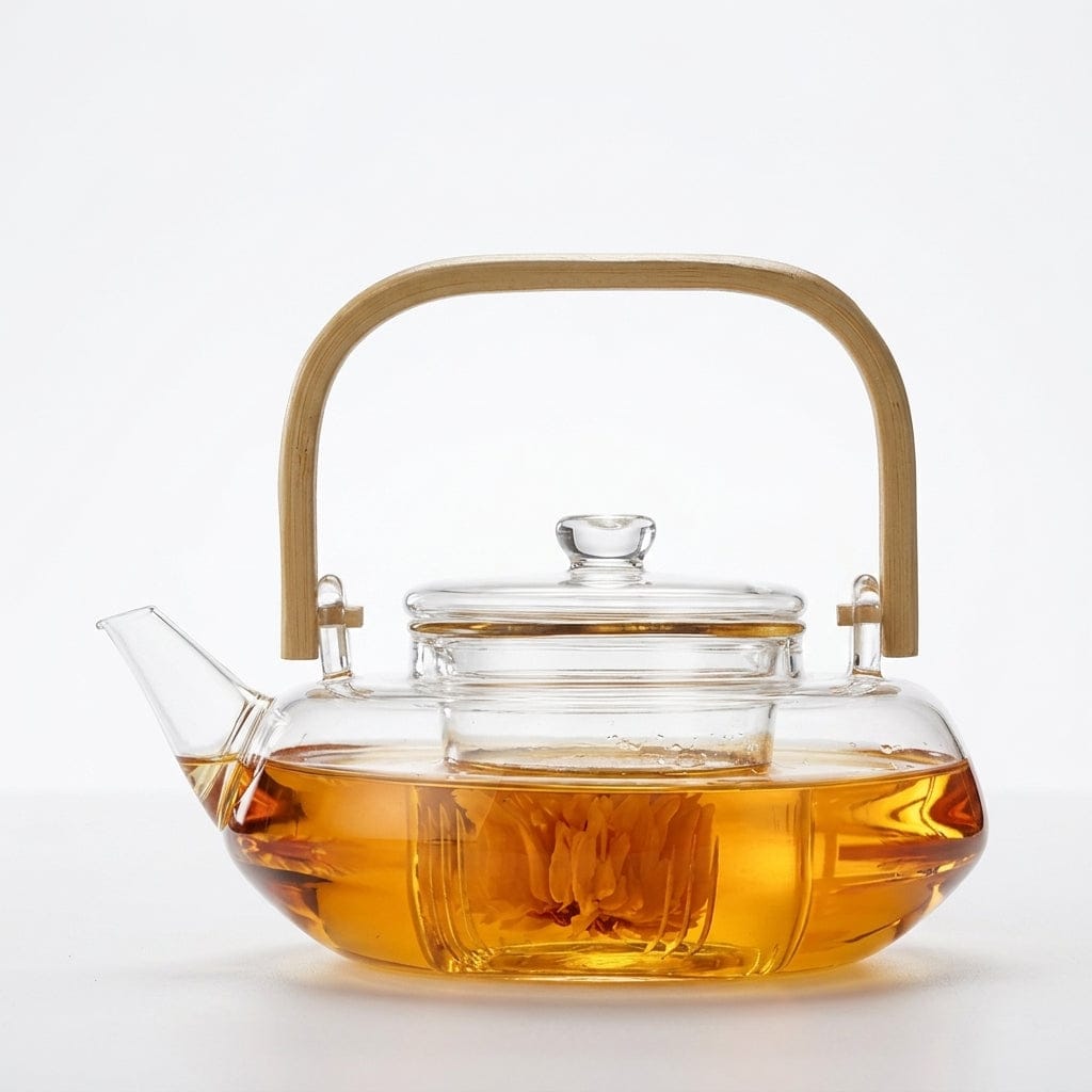 Skandynawski płaski szklany dzbanek do herbaty 800 ml z drewnianą rączką