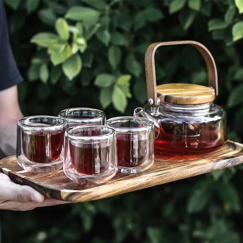 Skandynawski zestaw do herbaty ze szkła i drewna akacjowego, 600 ml