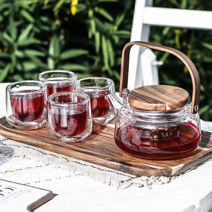 Skandynawski zestaw do herbaty ze szkła i drewna akacjowego, 600 ml