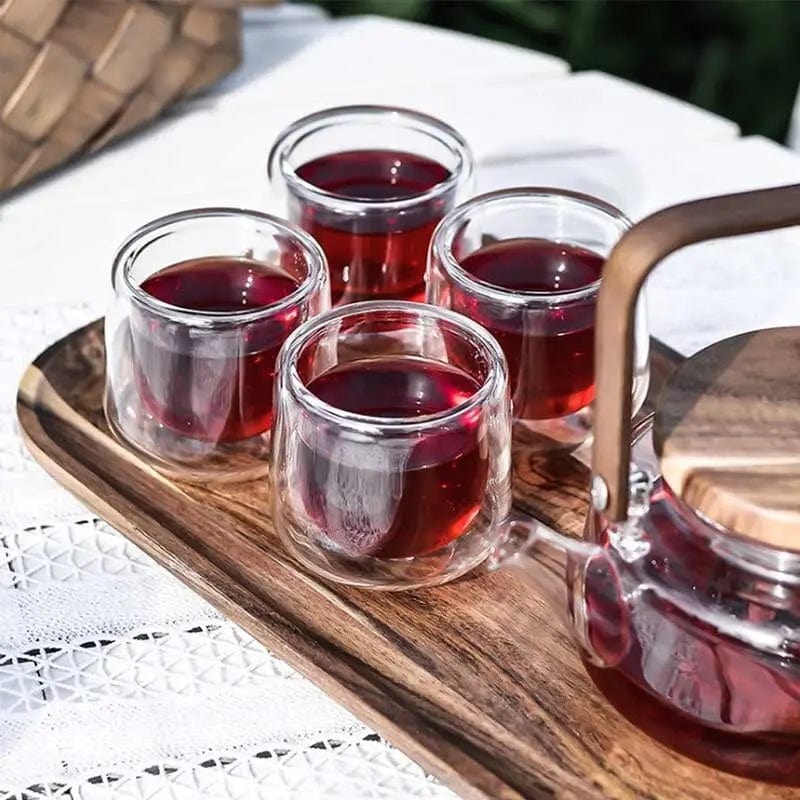 Skandynawski zestaw do herbaty ze szkła i drewna akacjowego, 600 ml