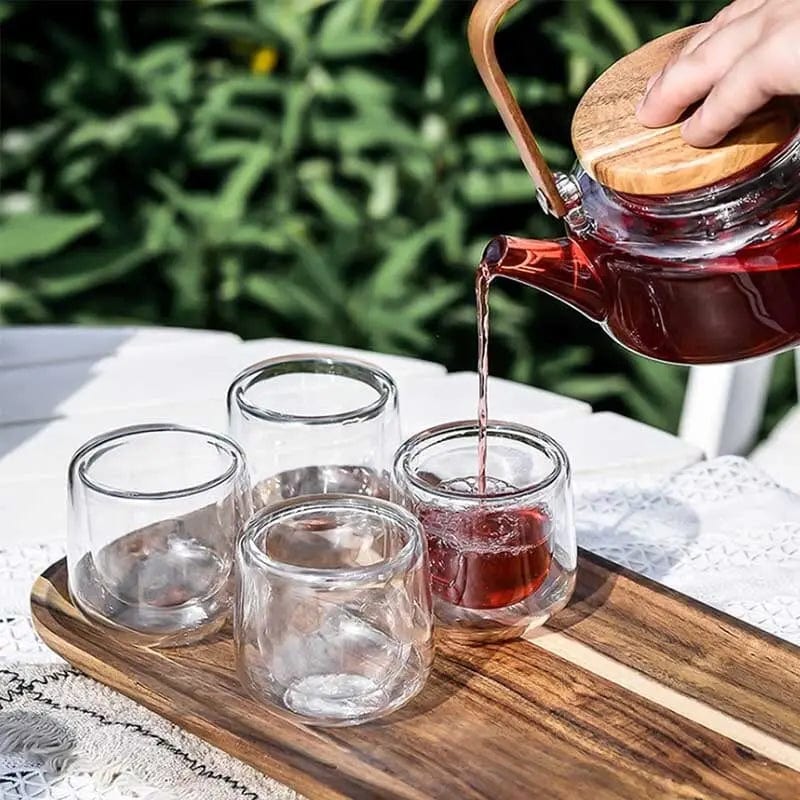 Skandynawski zestaw do herbaty ze szkła i drewna akacjowego, 600 ml