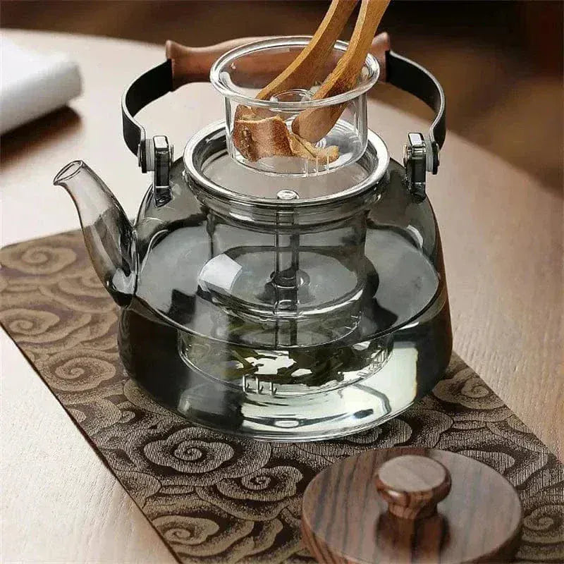 Szklany dzbanek do herbaty 900 ml z drewna i szkła