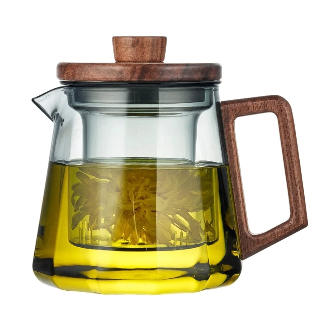 Szklany dzbanek do herbaty z zaparzaczem i orzechową rączką – skandynawski design 500ml / 700ml