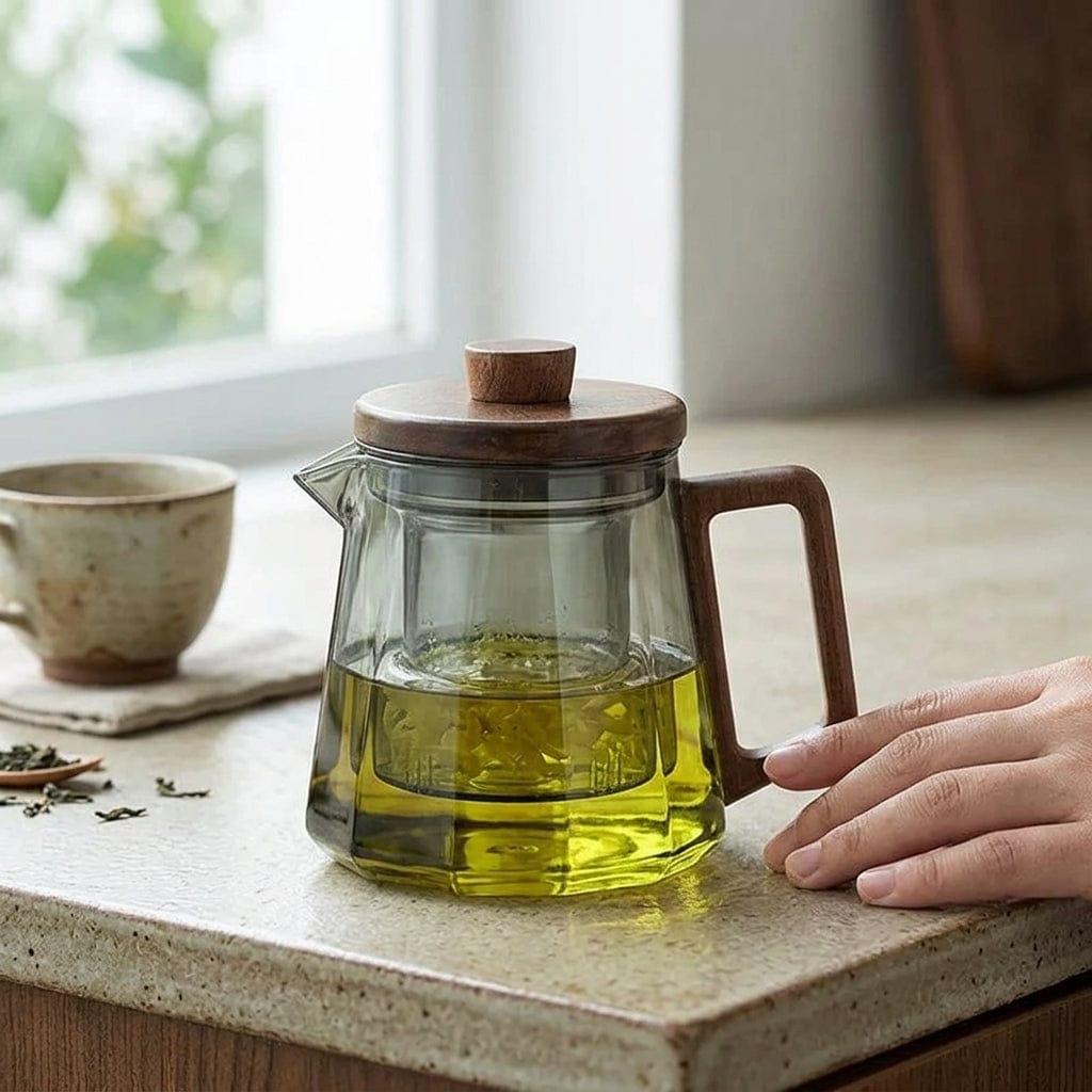 Szklany dzbanek do herbaty z zaparzaczem i orzechową rączką – skandynawski design 500ml / 700ml