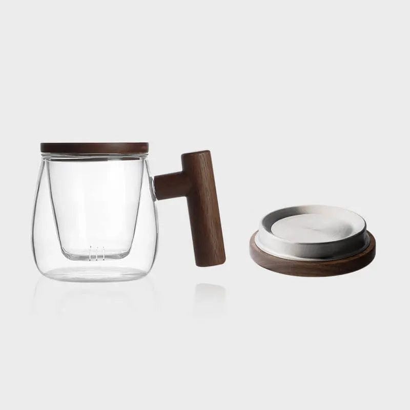 Szklany kubek do herbaty z zaparzaczem i drewnianym uchwytem 300 ml